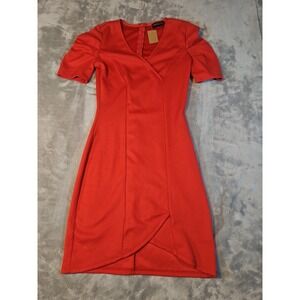 Dresscode LA Red Textured Knit Wrap Tulip Hem V-Neck Sheath Dress Small D5476